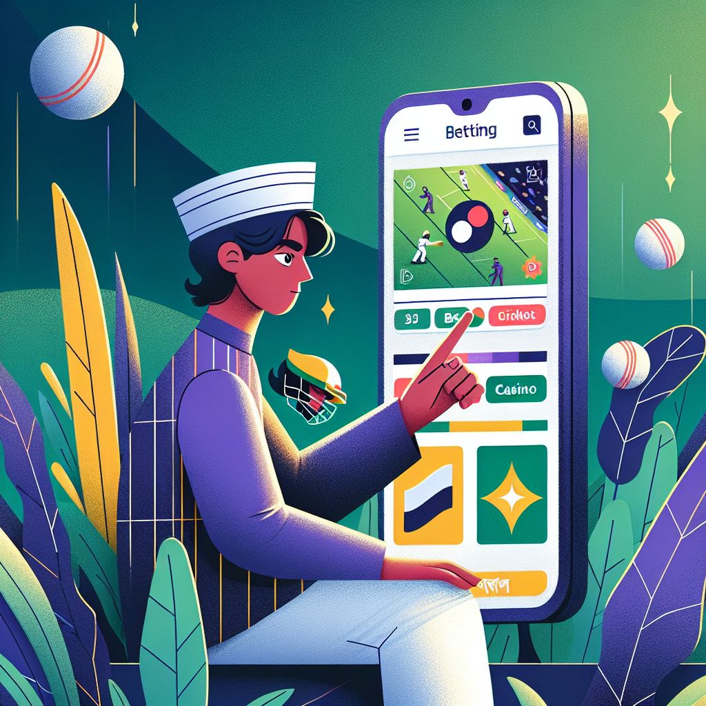 Cartoon character using a betting app on a smartphone with Bangladeshi elements