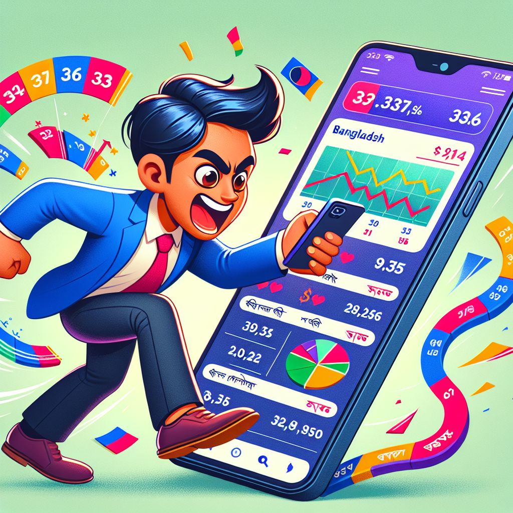 Cartoon bettor analyzing odds and placing bets on a mobile app