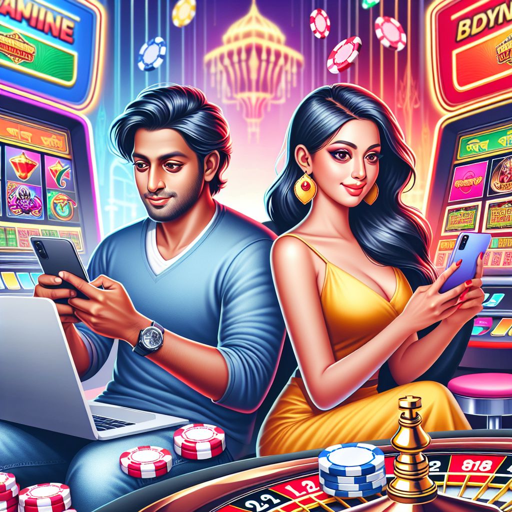 Cartoon-style Bangladeshi player enjoying an online casino lobby full of colorful slot machines and tables