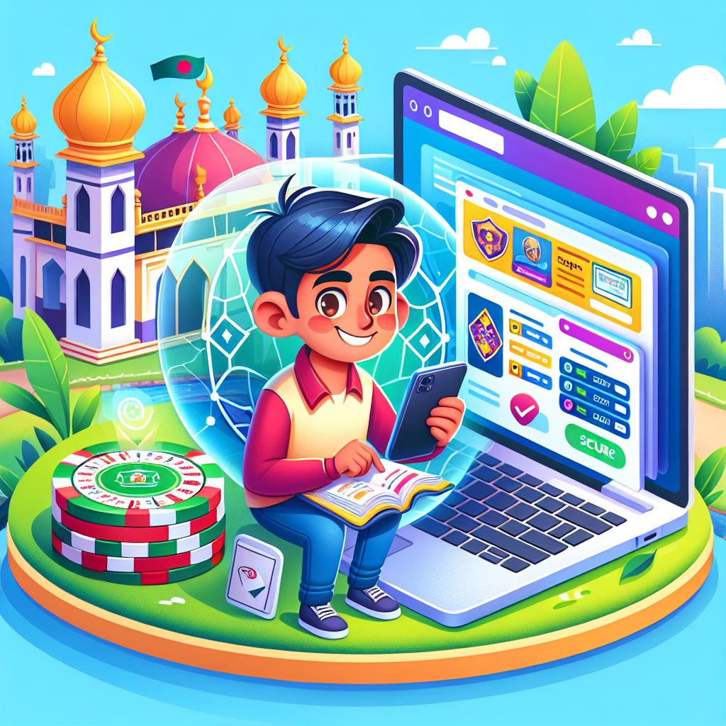 Cartoon character logging into a betting app on phone and laptop