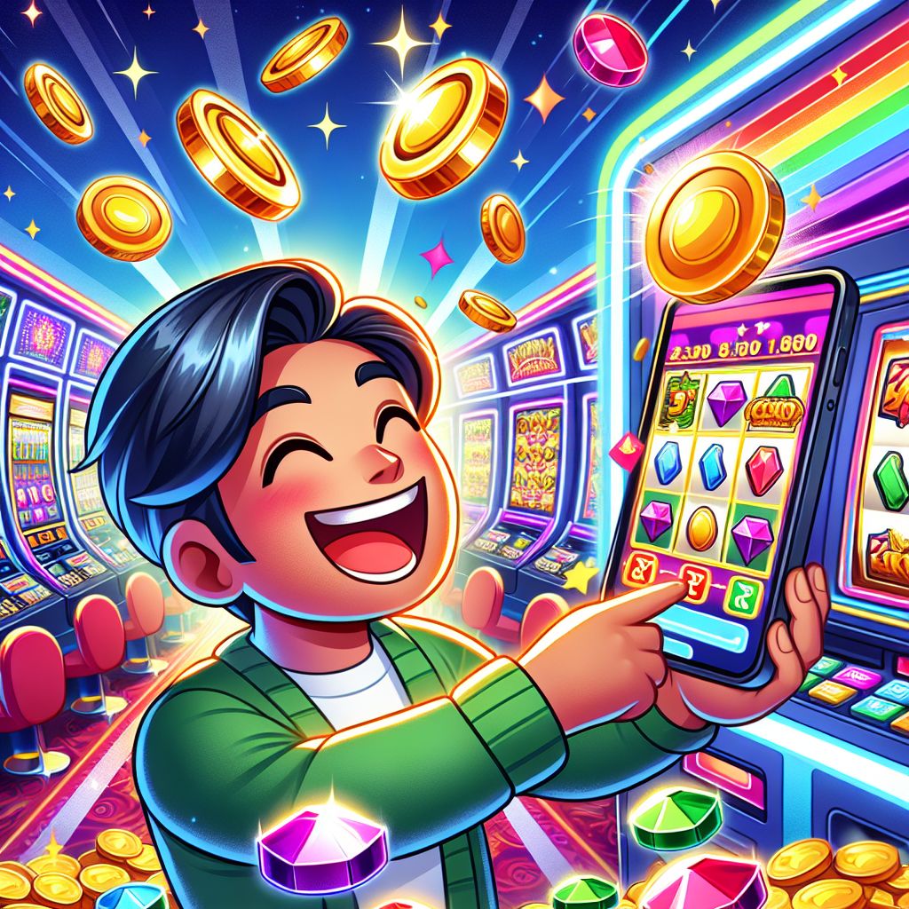 Cartoon character spinning colourful slot reels with coins flying around